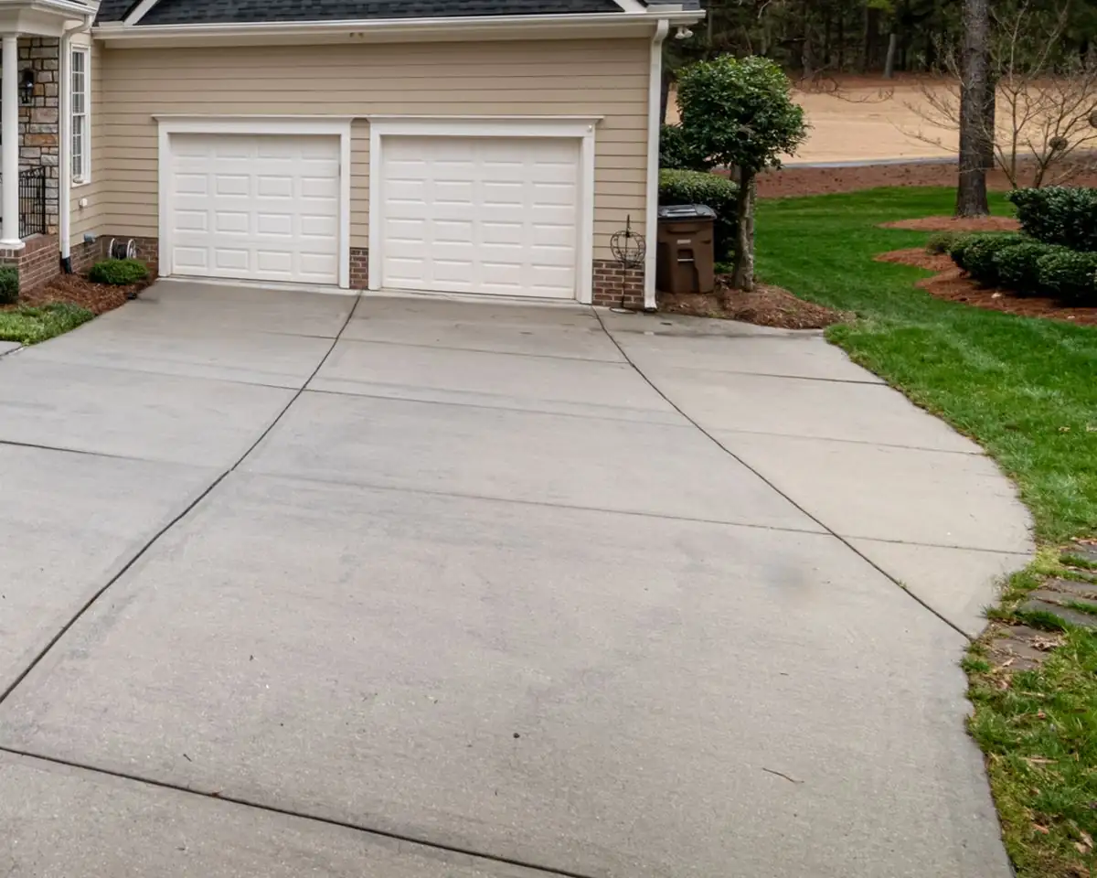 Wide concrete driveway flaring toward the street in front of a two-story suburban house