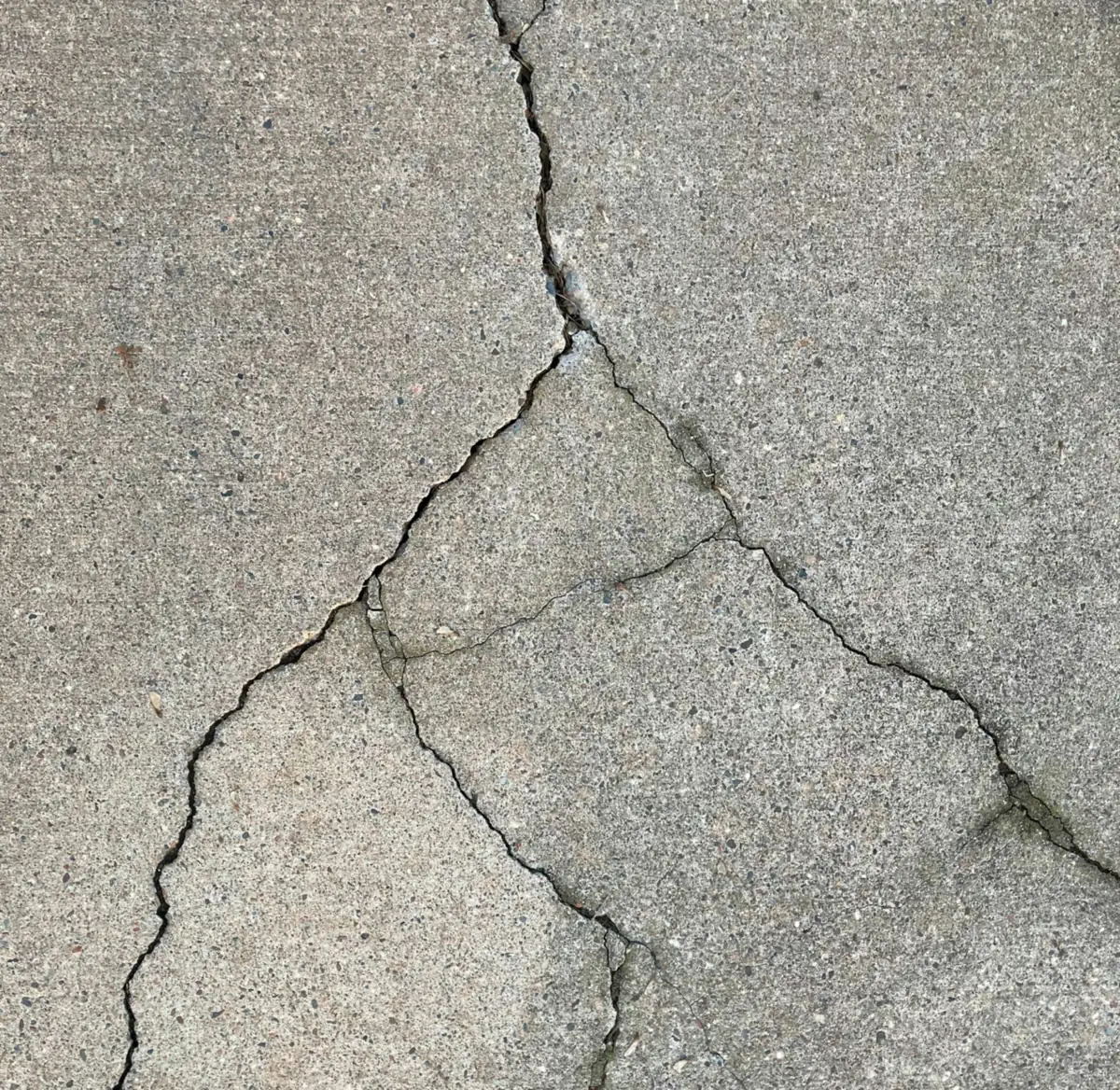 a broom-finished walk panel broken up by branching cracks.